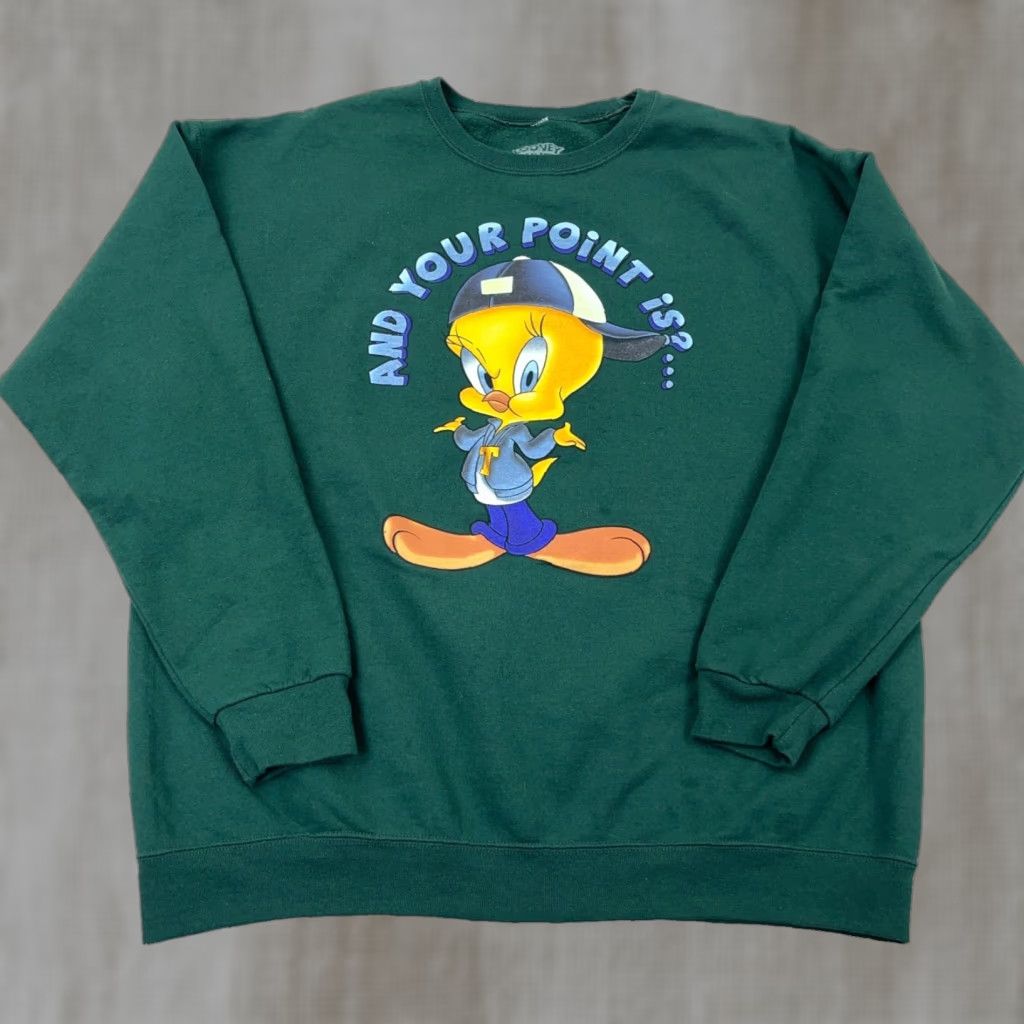 Vintage Looney Tunes Sweatshirt Adult XL Green Crewneck Tweety Retro Logo Graphic Print Casual Pullover Regular Fit Size XL / US 12-14 / IT 48-50 - 1 Thumbnail