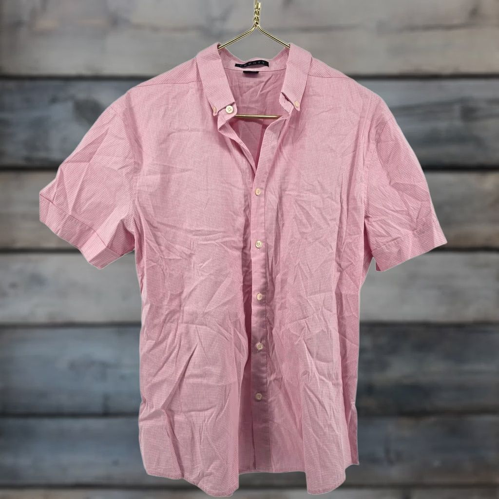Theory Theory Cory Pink Micro Gingham Button-Down Shirt Mens Large Slim Short Sleeve Stretch Size US L / EU 52-54 / 3 - 1 Thumbnail