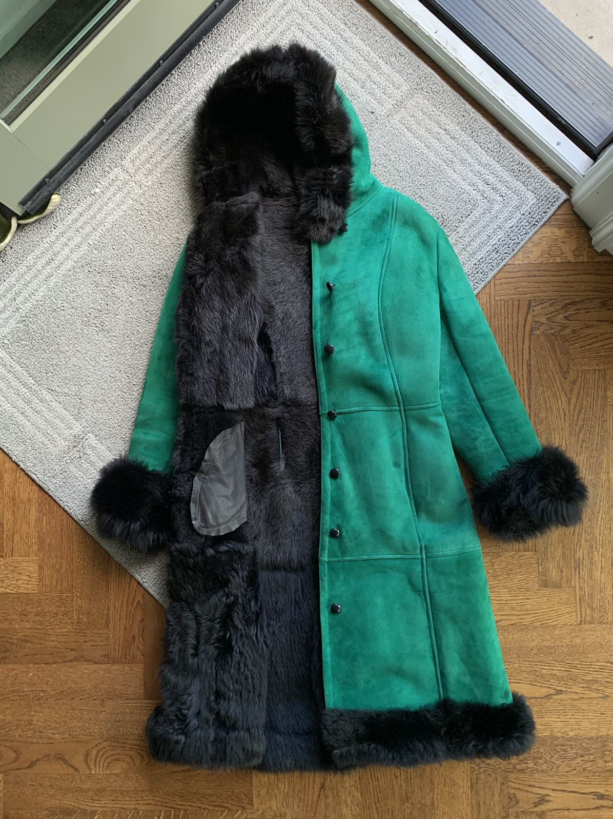 image of Sheepskin Coat Vintage Sheepskin Suede Coat Shearling Long Fur Trench Hood in Emerald Green, Women'