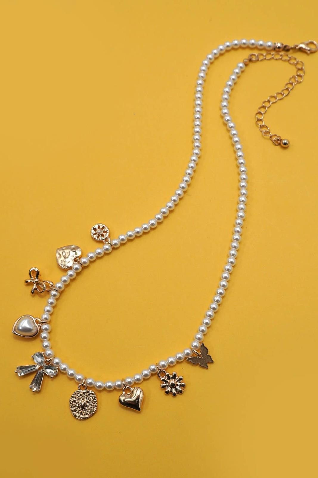 Other Charm Necklace Bow Sunflower Heart Pearl Chain Size ONE SIZE - 3 Thumbnail