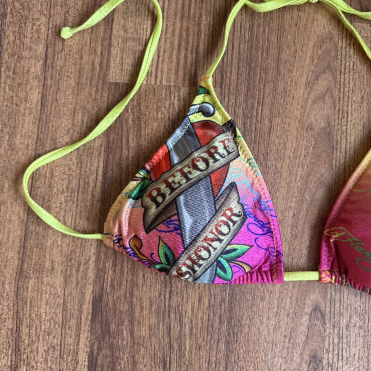 ED HARDY Vintage Y2K Rare Pink Yellow Dishonor Bikini Set