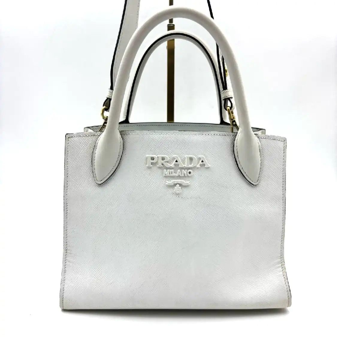 Prada PRADA Monochrome white cowhide leather cross pattern shoulder bag ...