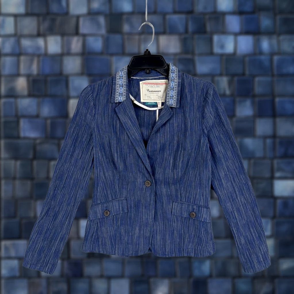 Vintage Cartonnier Blazer Womens 2 Blue Stripe Linen Cotton Embroidered Collar Jacket - Pre-Owned 2 Size XS / US 0-2 / IT 36-38 - 1 Thumbnail