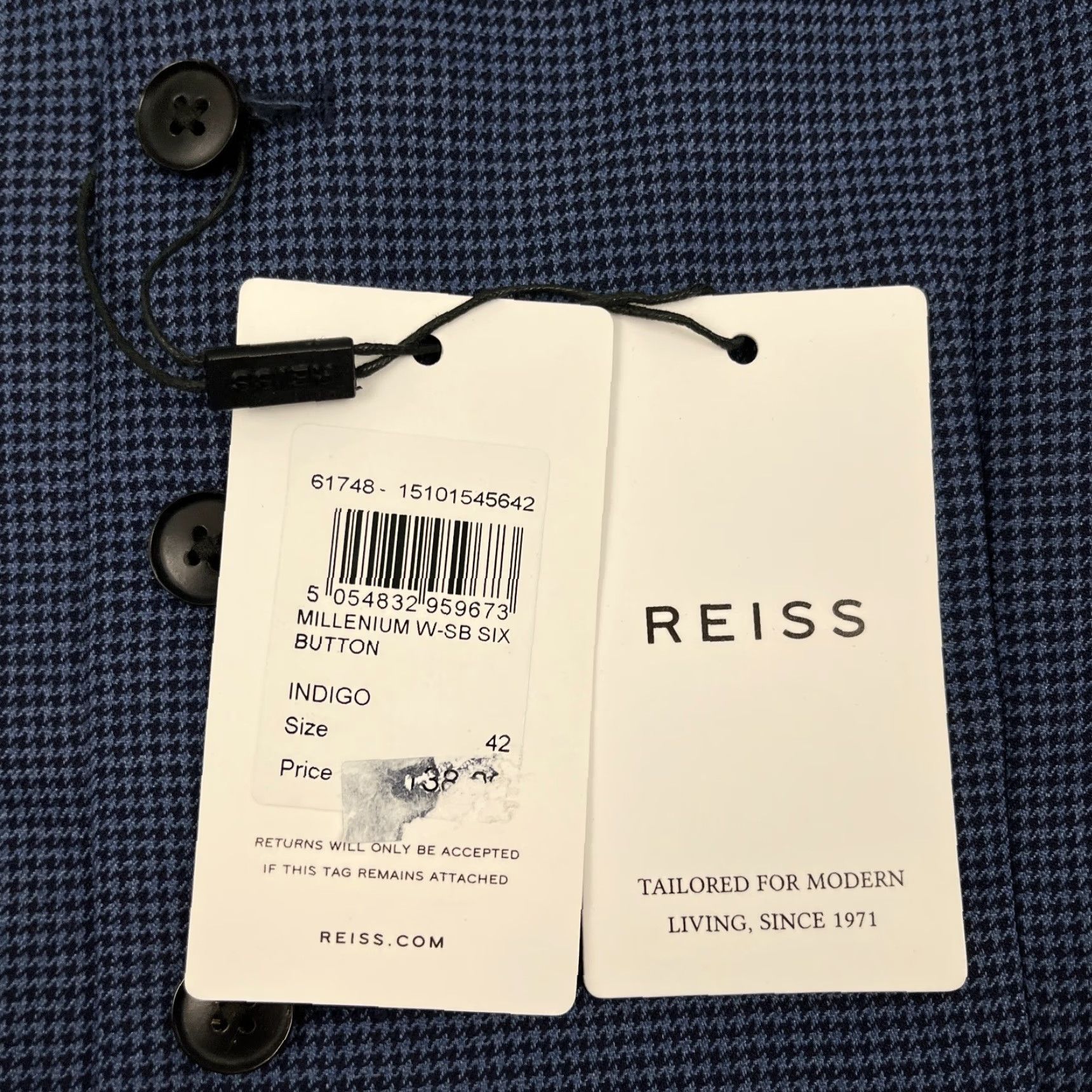 Reiss VINTAGE Reiss Waistcoat 42 Blue Black Wool Houndstooth Six-Button NEW Size US M / EU 48-50 / 2 - 3 Thumbnail