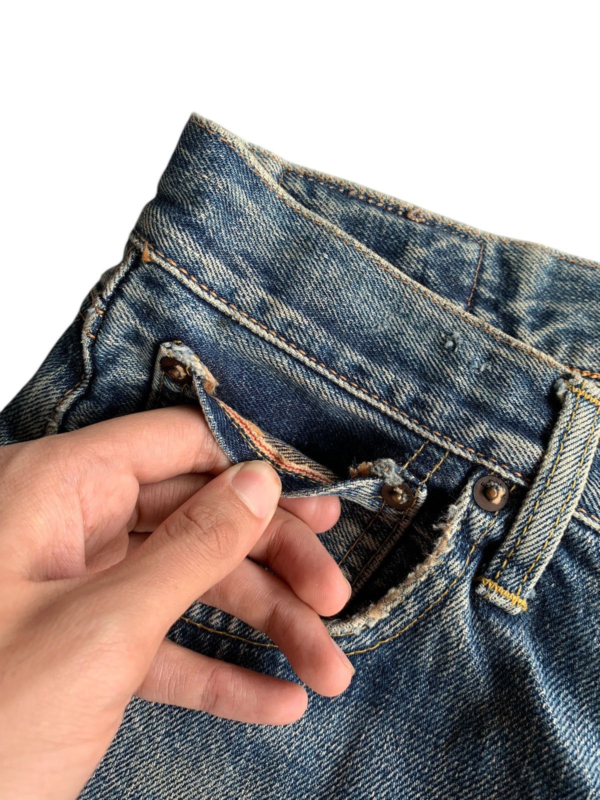 VINTAGE EDWIN 505X SELVEDGE SHORT DISTRESSED DENIM