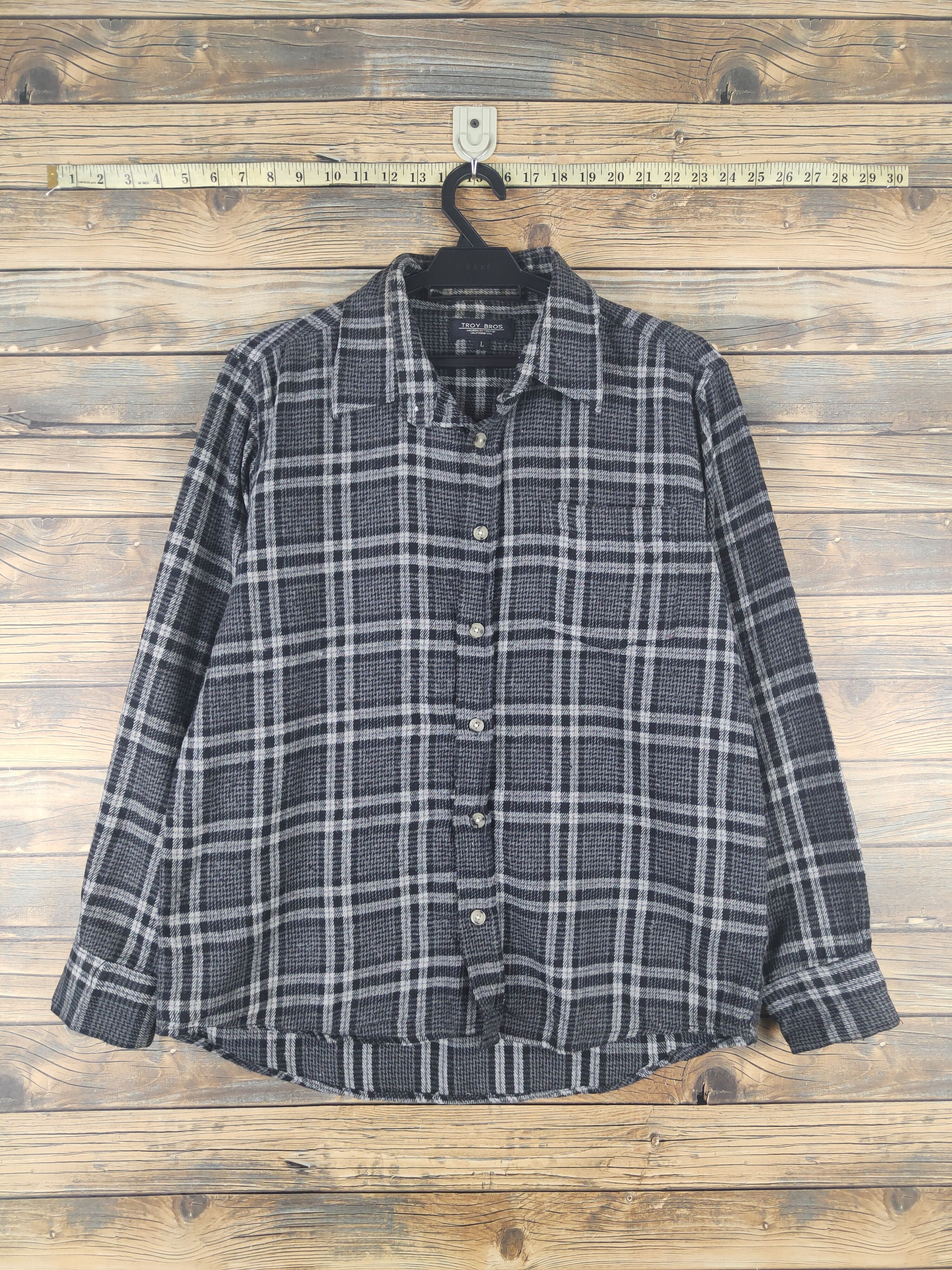 Homespun Knitwear × Japanese Brand × Vintage Retro Troy Bros Black Gray Long sleeves Button Up Shirts Size L / US 10 / IT 46 - 1 Thumbnail