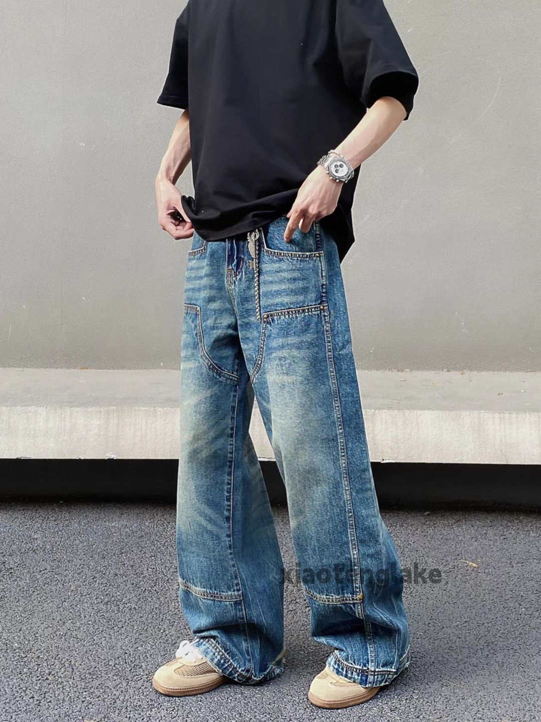 Jean Unisex washed faded loose baggy skate carpenter jeans Size US 32 / EU 48 - 2 Thumbnail