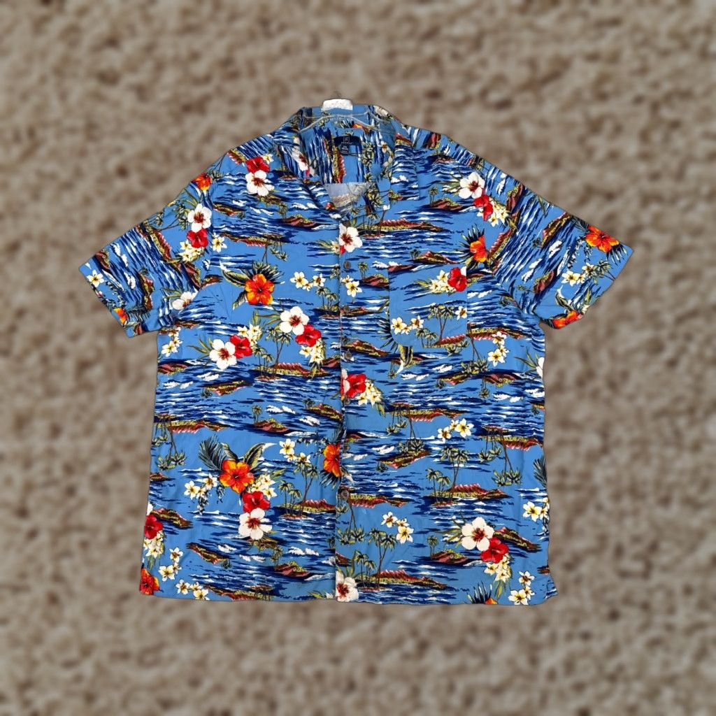 George George Shirt Men 2XL Blue Floral Island Hawaiian 100% Rayon Button-Up Size US XXL / EU 58 / 5 - 1 Thumbnail