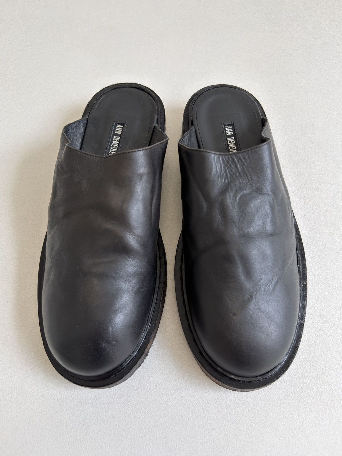 Ann Demeulemeester Early 2010s Black ‘Distressed Leather’ Mules Size US 8 / IT 38 - 1 Thumbnail