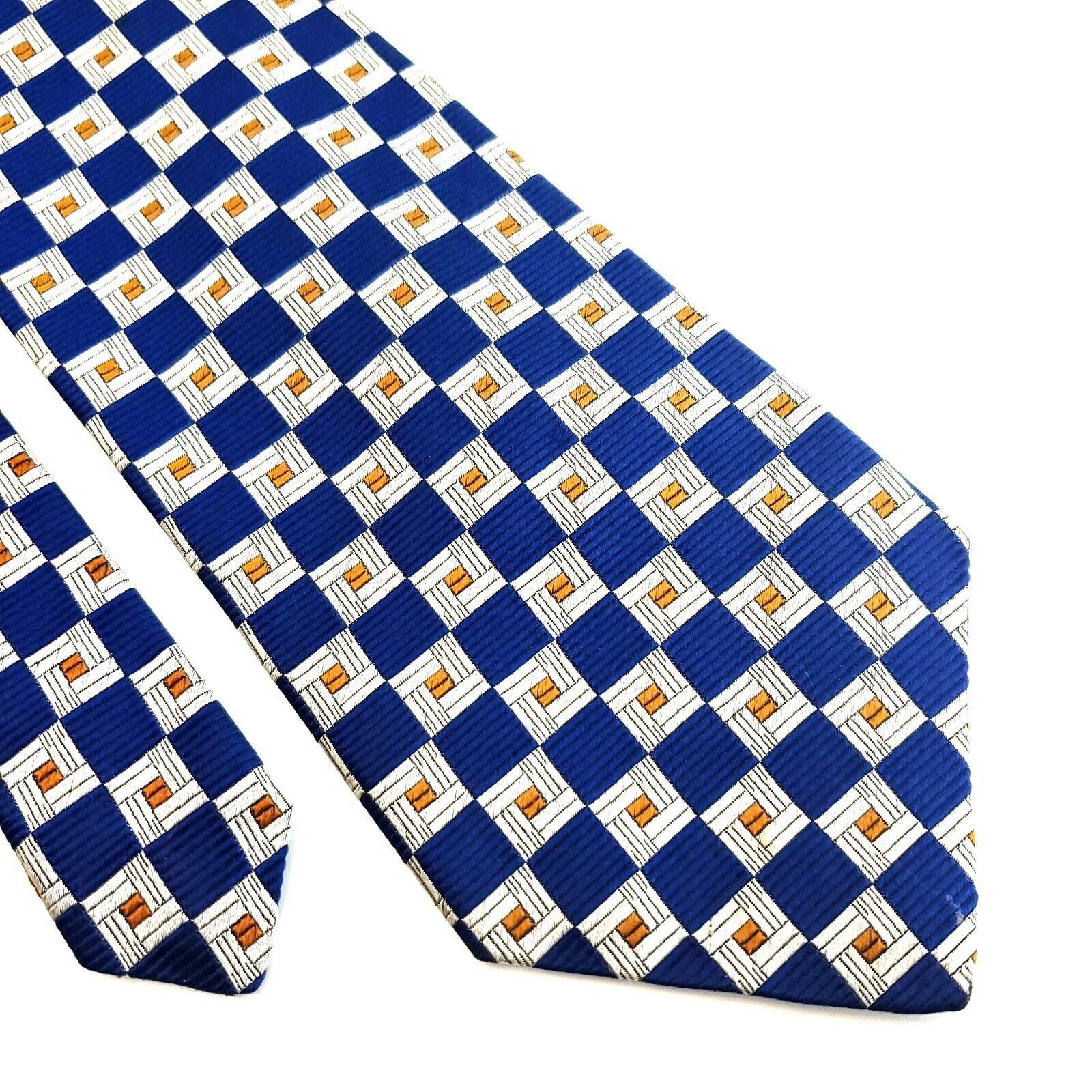 XMI Platinum XMI Blue Cream Brown Geometric Woven Wide Silk Tie Size ONE SIZE - 1 Thumbnail