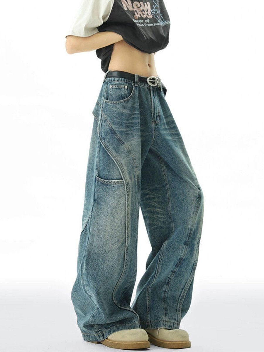 Vintage Men's American-Style Paneled Washed Curved-Leg Jeans Size US 33 - 2 Thumbnail