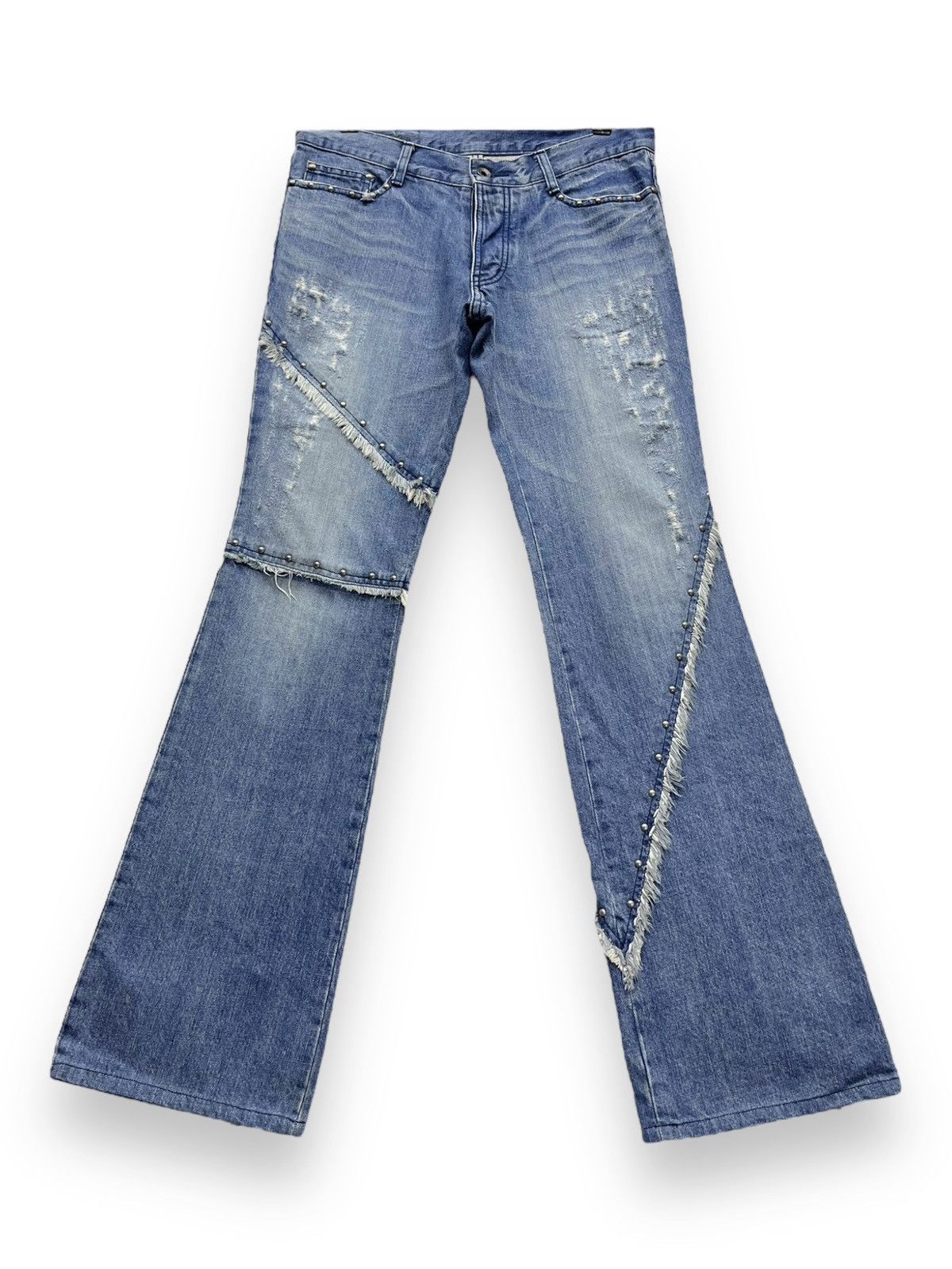 5351 POUR LES HOMMES 🔥Vtg 5351 HOMMES Distressed Frayed Spliced Studded Flare💥 Size US 31 - 2 Thumbnail