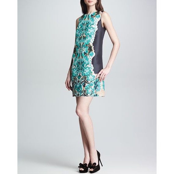 image of Red Valentino Green Black Floral Sheath Dress Mini 38 Sleeve, Women's (Size XS)