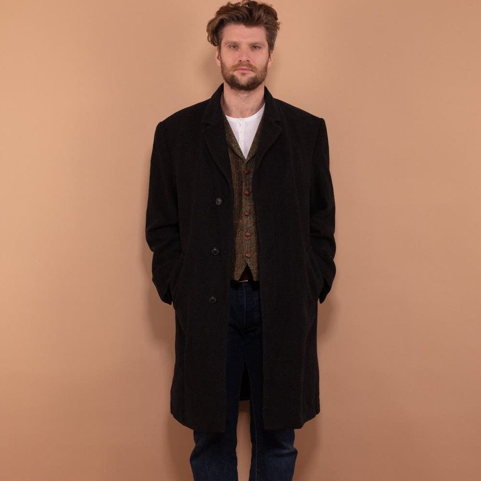 image of Vintage 80's Men Wool And Cashmere Coat In Dark Gray in Grey (Size Large)