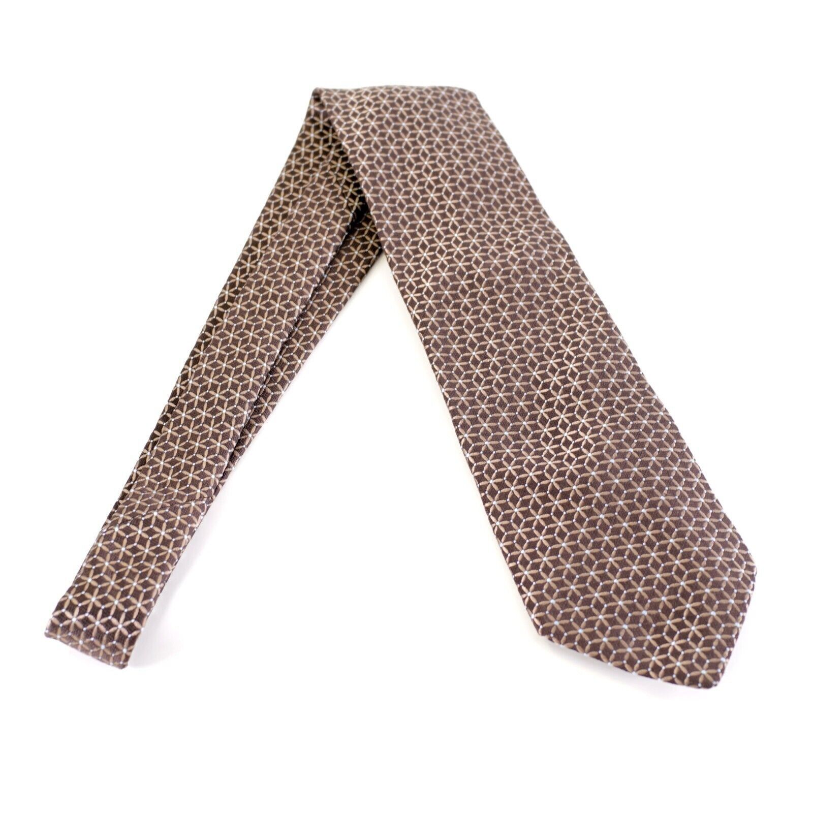 Ike Behar Ike Behar New York Woven Geometric Brown Tan Woven Silk Tie Size ONE SIZE - 7 Thumbnail