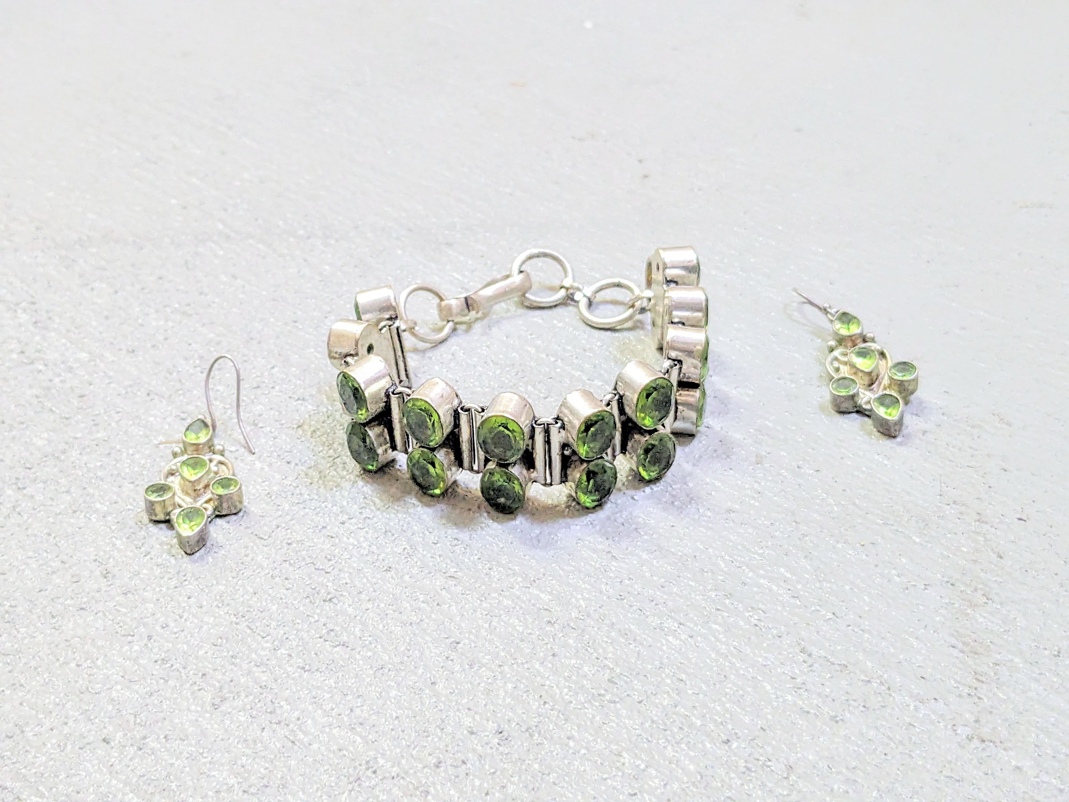 Vintage Sterling Silver Bracelet Earrings Green Peridot Oval