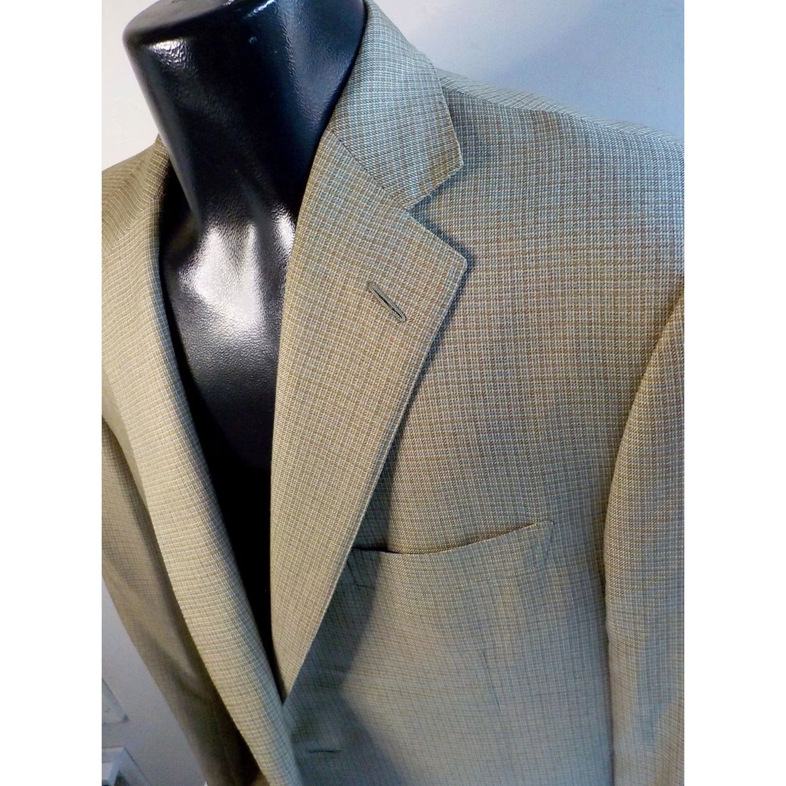 Ermenegildo Zegna VINTAGE Ermenegildo Zegna Blazer Silk Wool 2 Button Check Single-Breasted Long Beige Pale Blue Ivory Mens 46L Size 46R - 5 Thumbnail