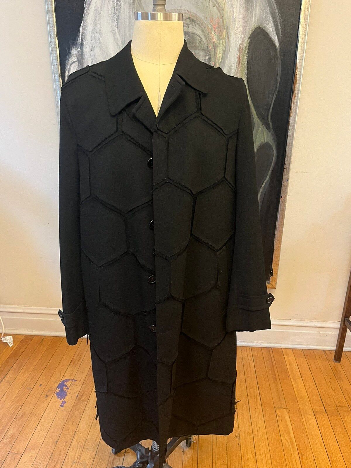 Pre-owned Comme Des Garcons X Comme Des Garcons Homme Plus Cdgh+ Aw18 Black Hexagon Pattern Coat (size Large)