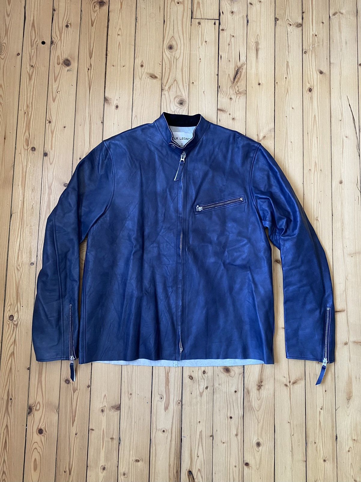 image of Our Legacy - Indigo Dyed Café Race Leather Jacket (M/l), Men's (Size Medium)