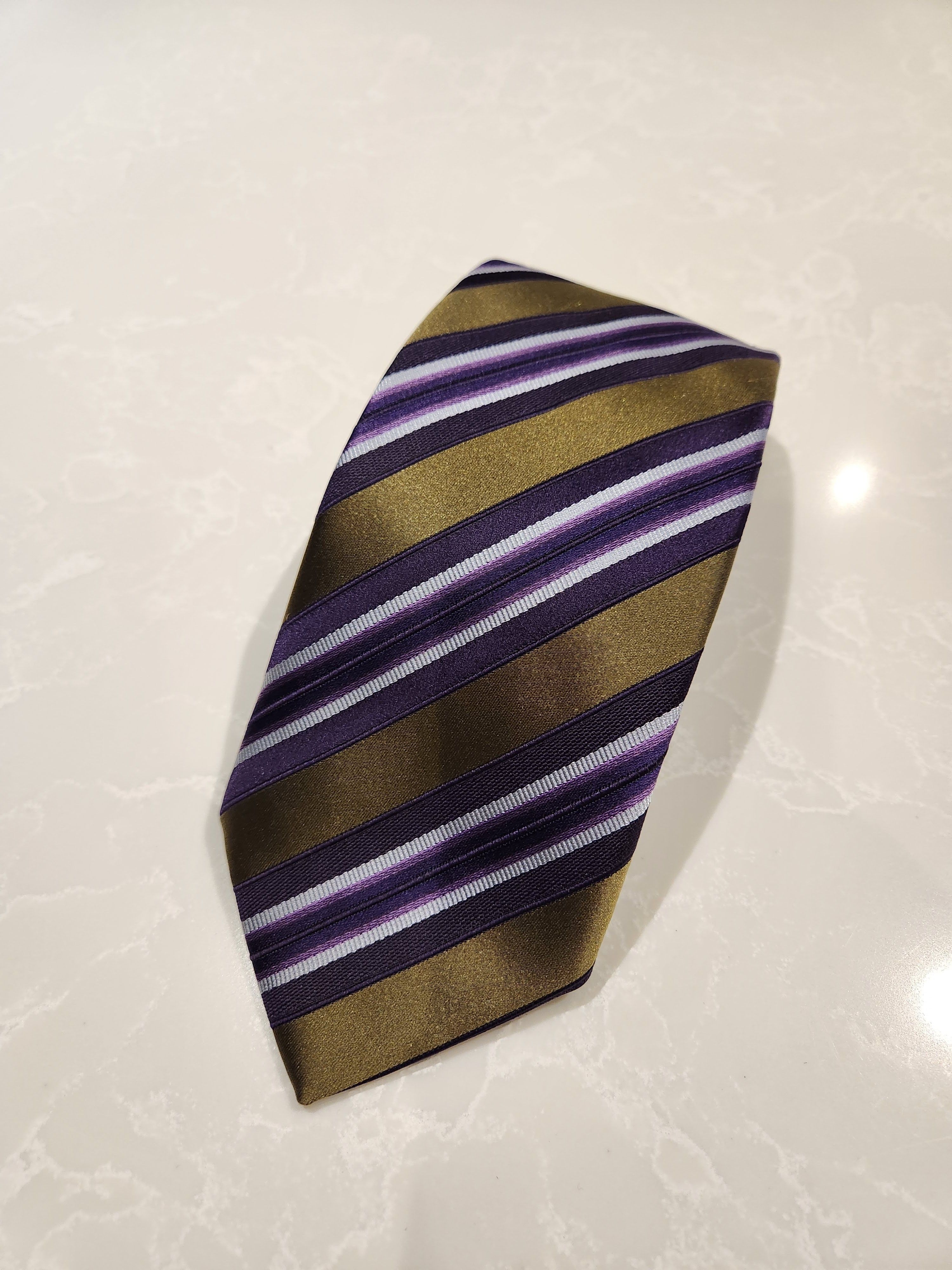 Ermenegildo Zegna Gold Purple White Stripe Neck Tie Silk Cotton Blend Size ONE SIZE - 1 Thumbnail