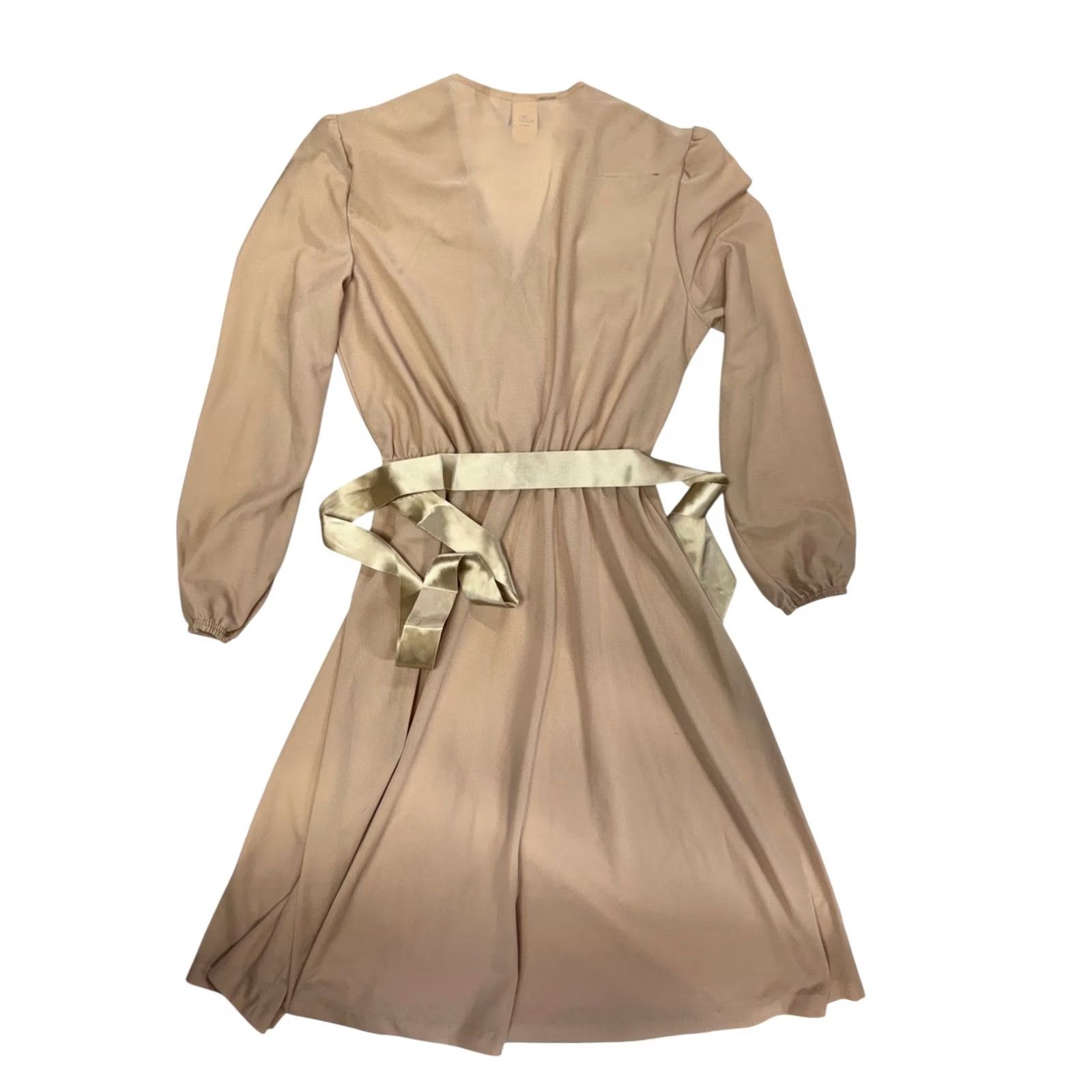 Blair VINTAGE Blair Women's Beige Lace Trim Wrap Dress Midi Gold Tie Belt Size M USA Size M / US 6-8 / IT 42-44 - 2 Thumbnail