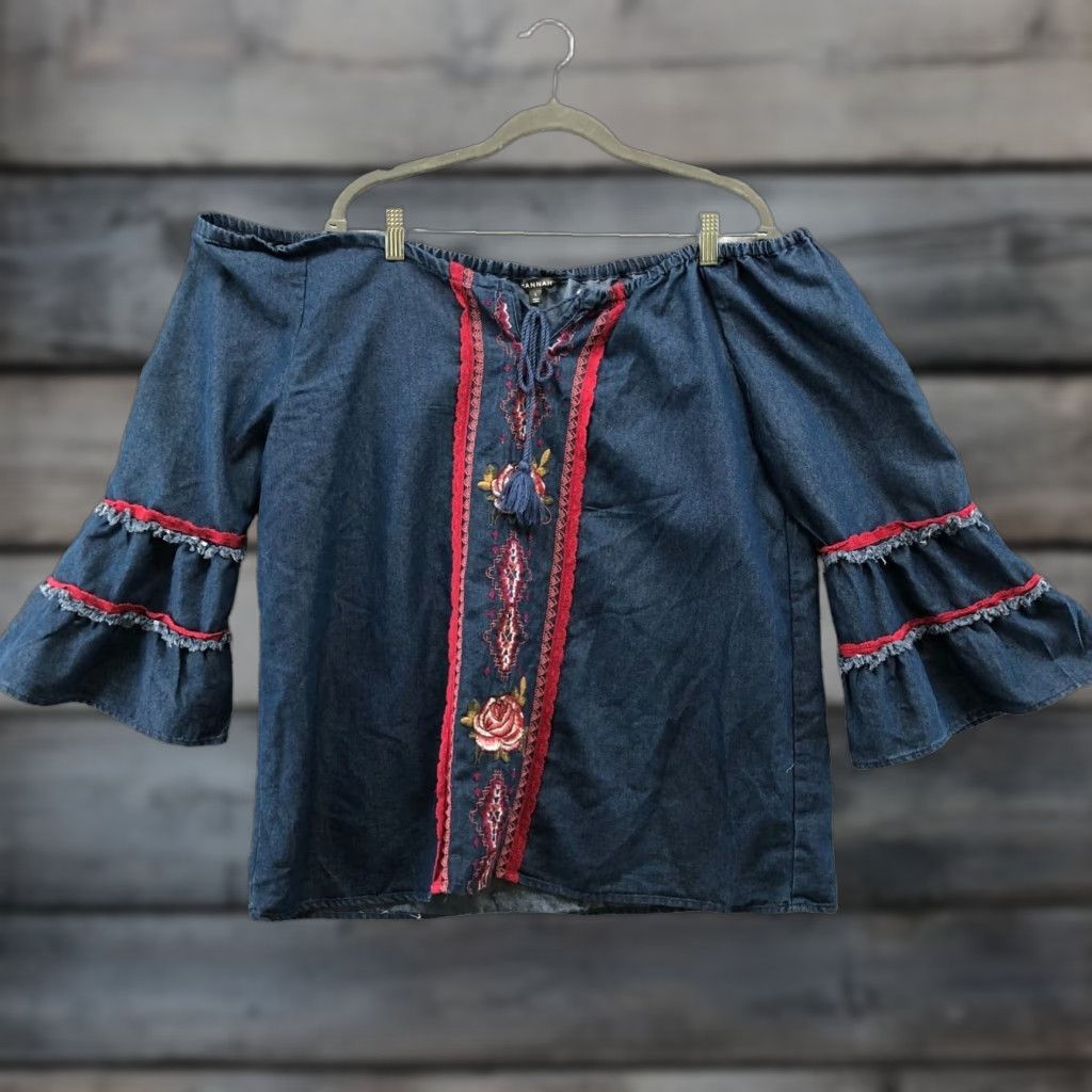 Vintage HANNAH Blouse Chambray Off Shoulder Bell Sleeve Embroidered Womens L Size L / US 10 / IT 46 - 1 Thumbnail
