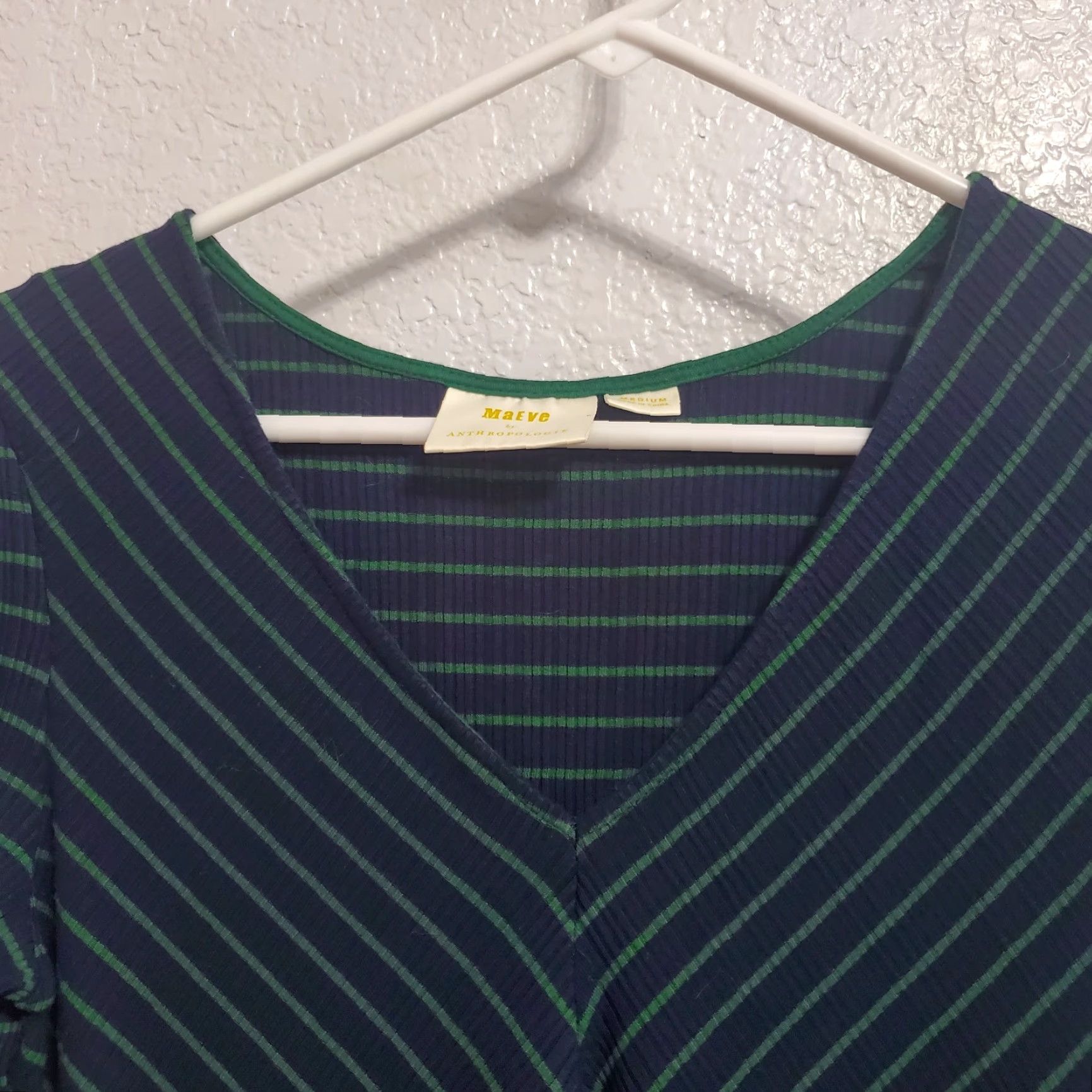 Anthropologie VINTAGE Anthropologie Maeve Dress Women M Blue Green Striped Ribbed Stretchy V Neck Midi 3/4 Sleeve Ruffle Hem Size M / US 6-8 / IT 42-44 - 5 Thumbnail