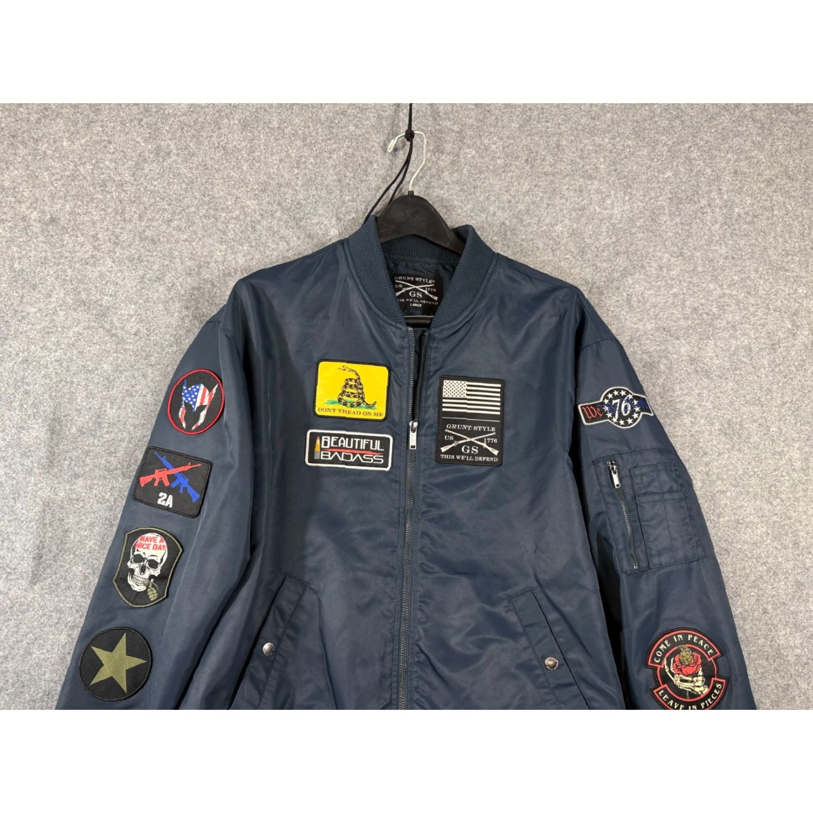 Vintage Grunt Style Bomber Jacket Women L Navy Full Zip Lined Patches Size L / US 10 / IT 46 - 2 Thumbnail