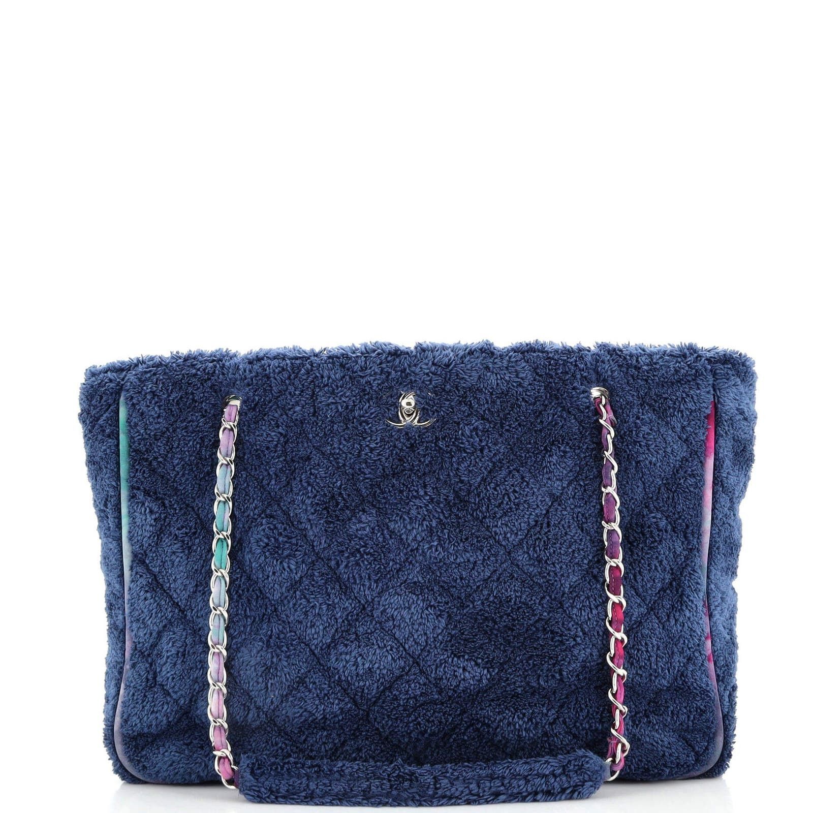 image of Chanel Cc Shopping Tote Quilted Terry Cloth And Ribbon Large in Blue, Women's
