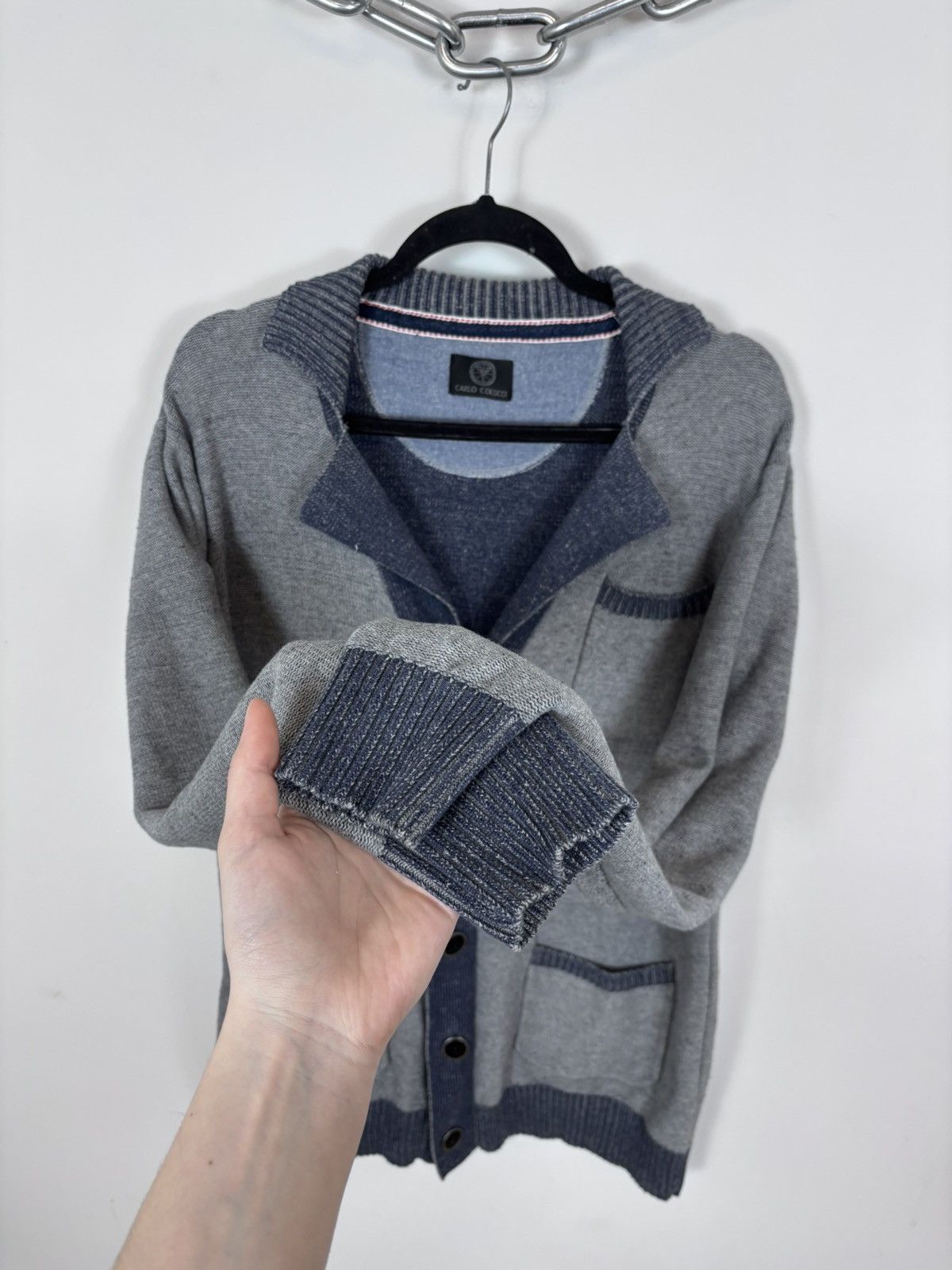 Carlo Colucci Carlo Colucci Men’s Grey/Navy Pocket Cotton Cardigan Sweater Size US L / EU 52-54 / 3 - 9 Thumbnail