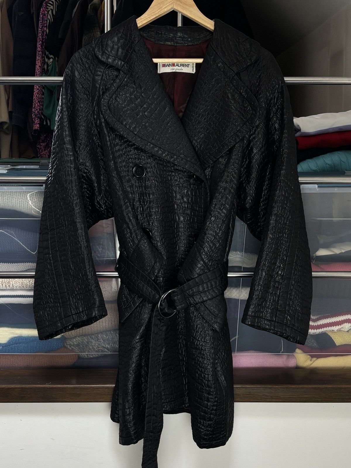 Saint Laurent Paris 80s Saint Laurent Rive Gauche Archive Croc Belted Coat Rare Size L / US 10 / IT 46 - 1 Thumbnail