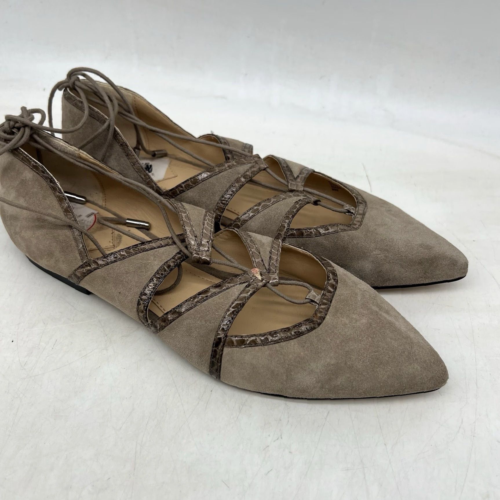 Brian Atwood Brian Atwood Flats Ankel Tie Womens Size 10 Taupe NWOT Suede Pointed Toe Lace Bow Flat Womens Size US 7.5 / IT 37.5 - 4 Thumbnail