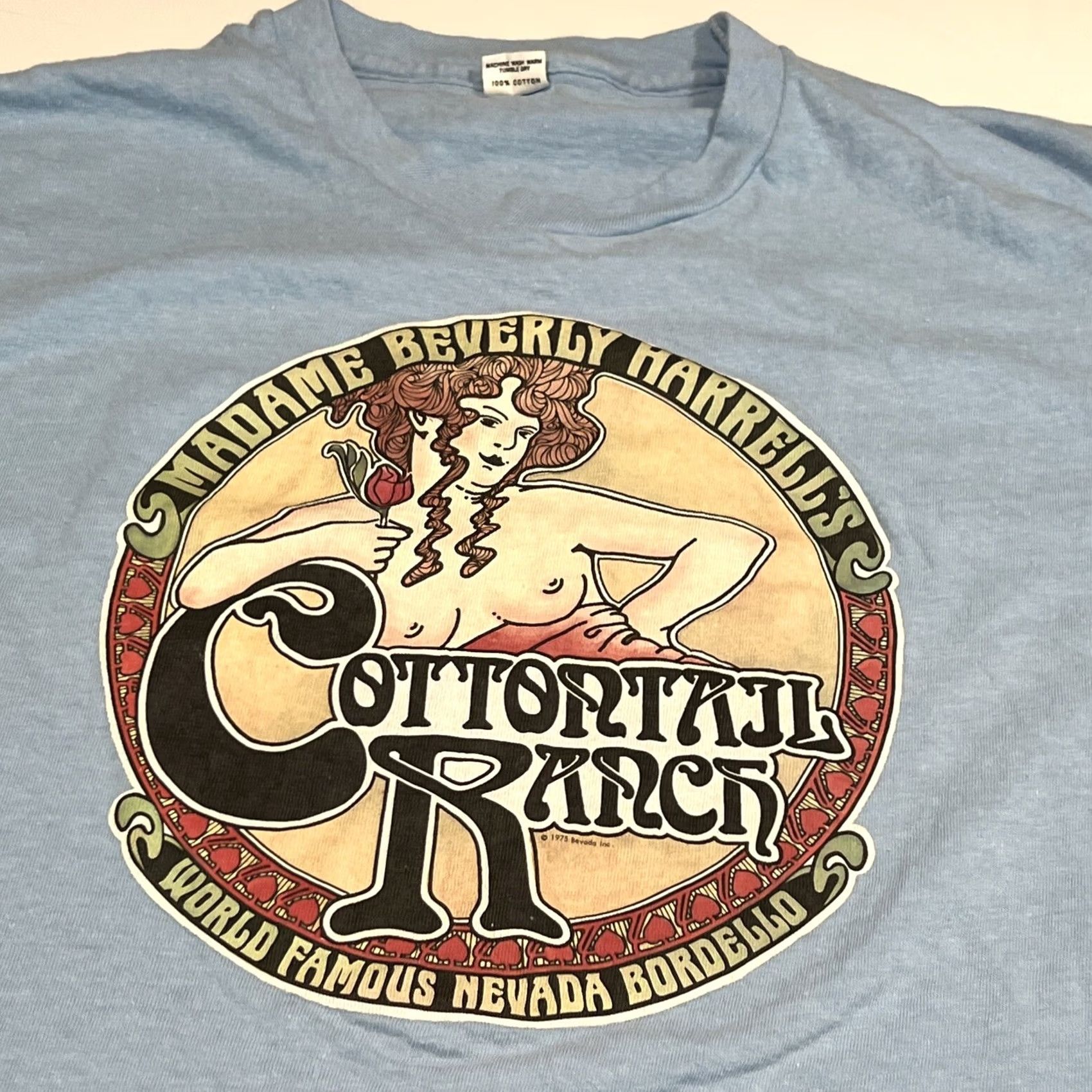 Hanes VINTAGE 1975 Cottontail Ranch T Shirt Men’s XL Madame Beverly Harrell’s Bordello Hanes Graphic Tee Blue Cotton 1970s Mens XL Short Sleeve US Origin Size US XL / EU 56 / 4 - 2 Thumbnail
