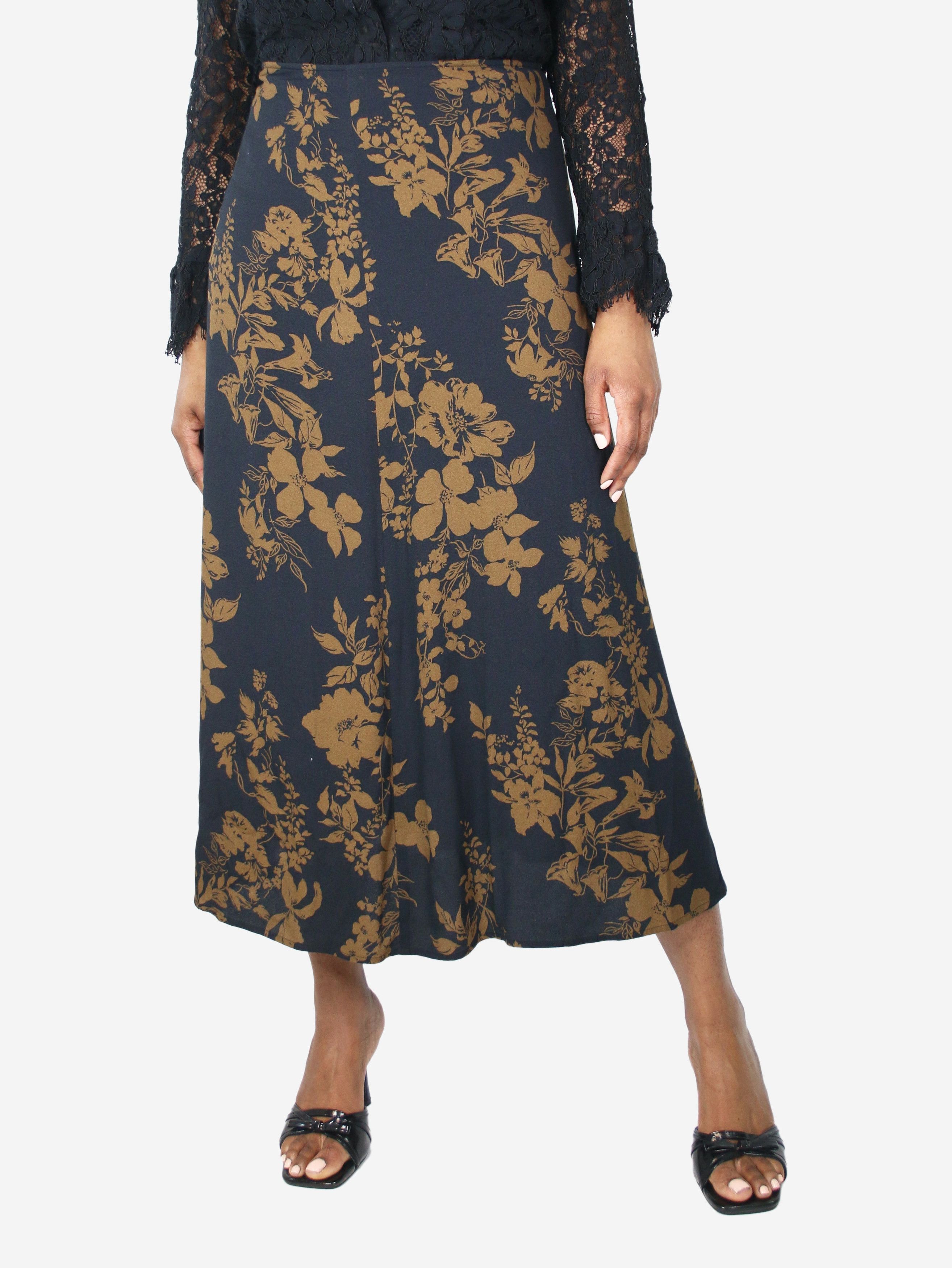 image of Reformation Black Floral Printed Midi Skirt - Size Uk 16, Women's