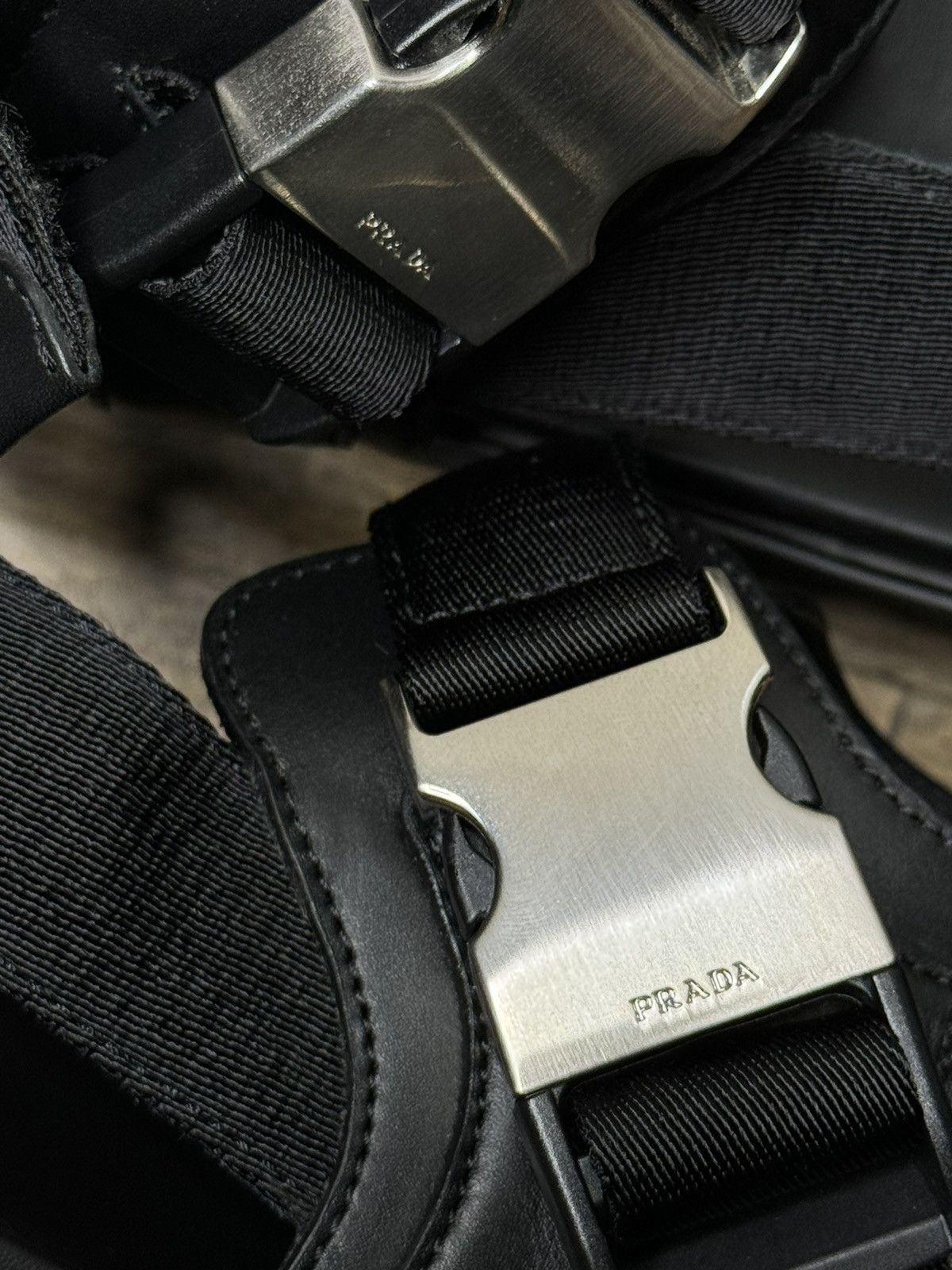 Prada Prada Black leather Strap silver Buckle Nylon Tape Sandals Size US 10 / EU 43 - 8 Thumbnail