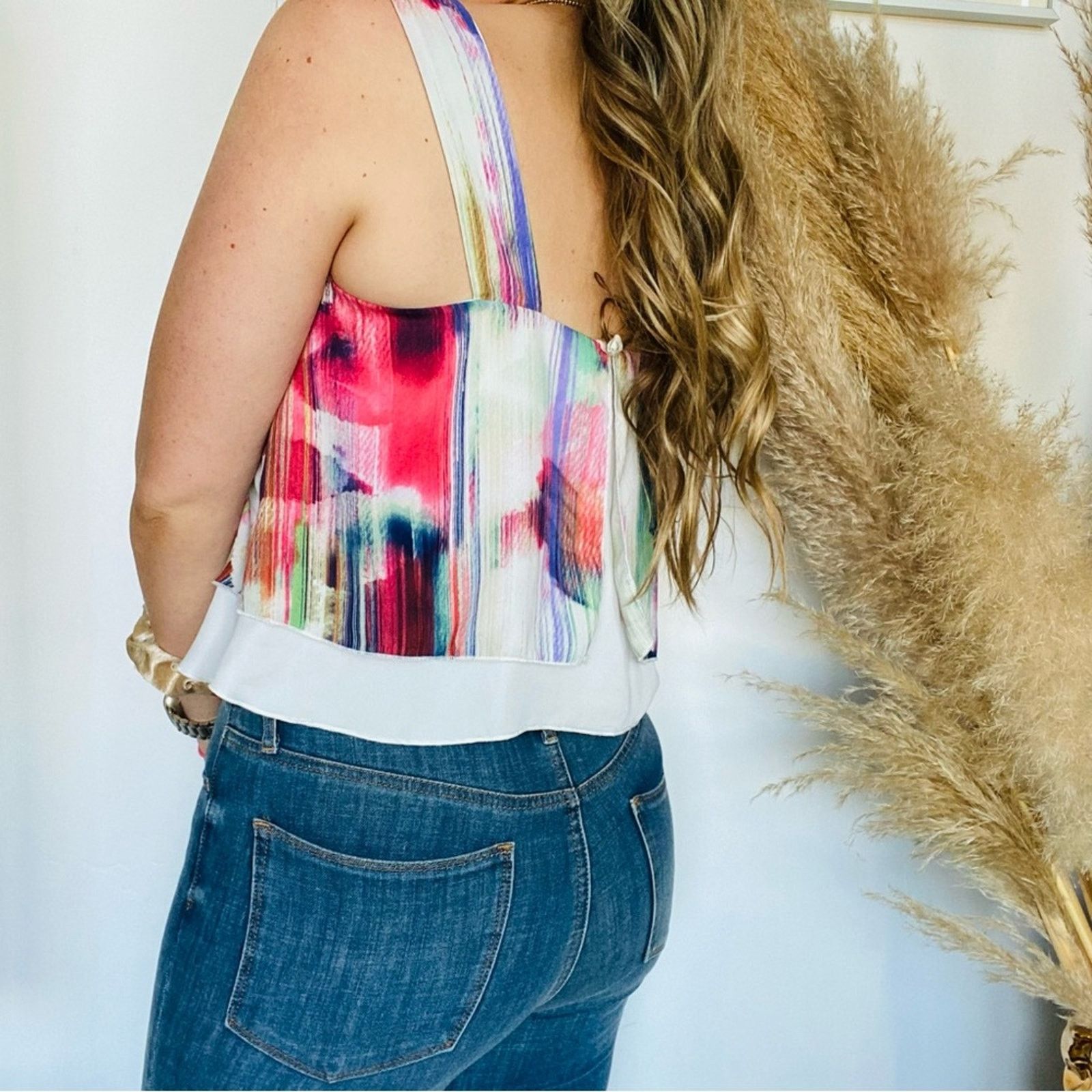 Nordstrom TYCHE NORDSTROM White Rainbow Print Ruffle Tank Top Blouse Size M / US 6-8 / IT 42-44 - 2 Thumbnail