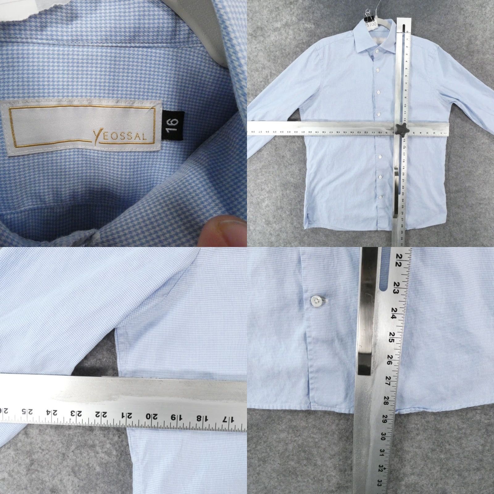 VINTAGE Yeossal Men's Shirt Long Sleeve Button Up Blue Houndstooth Collared Office Wear Size 16