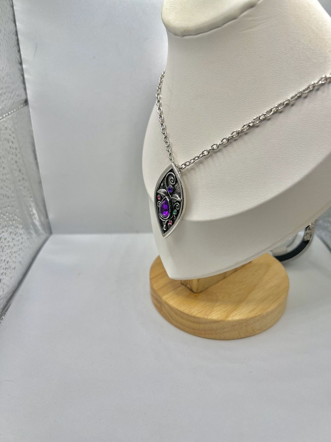 Designer Purple Cz Flower Pendant Silver Chain Necklace Size ONE SIZE - 2 Thumbnail