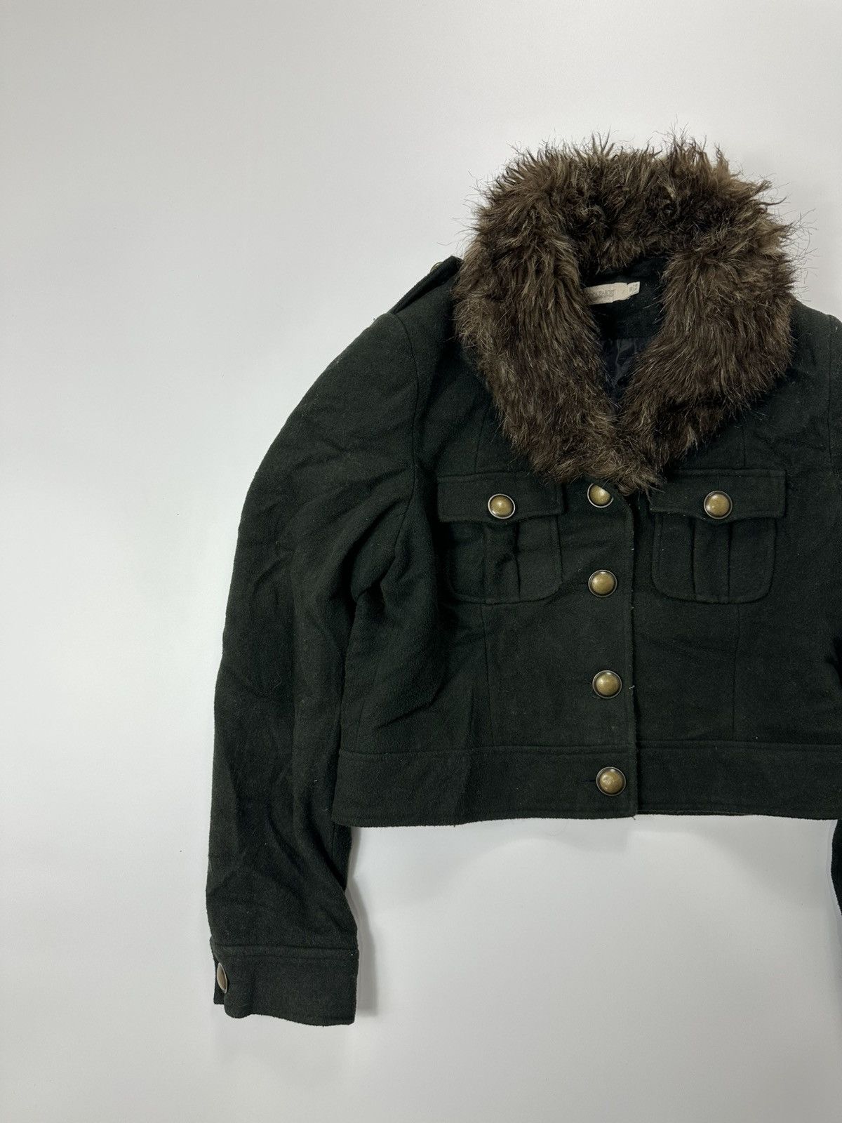 Japanese Brand Women's Faux Fur Button Cropped Jacket Deep Green Size M / US 6-8 / IT 42-44 - 2 Thumbnail