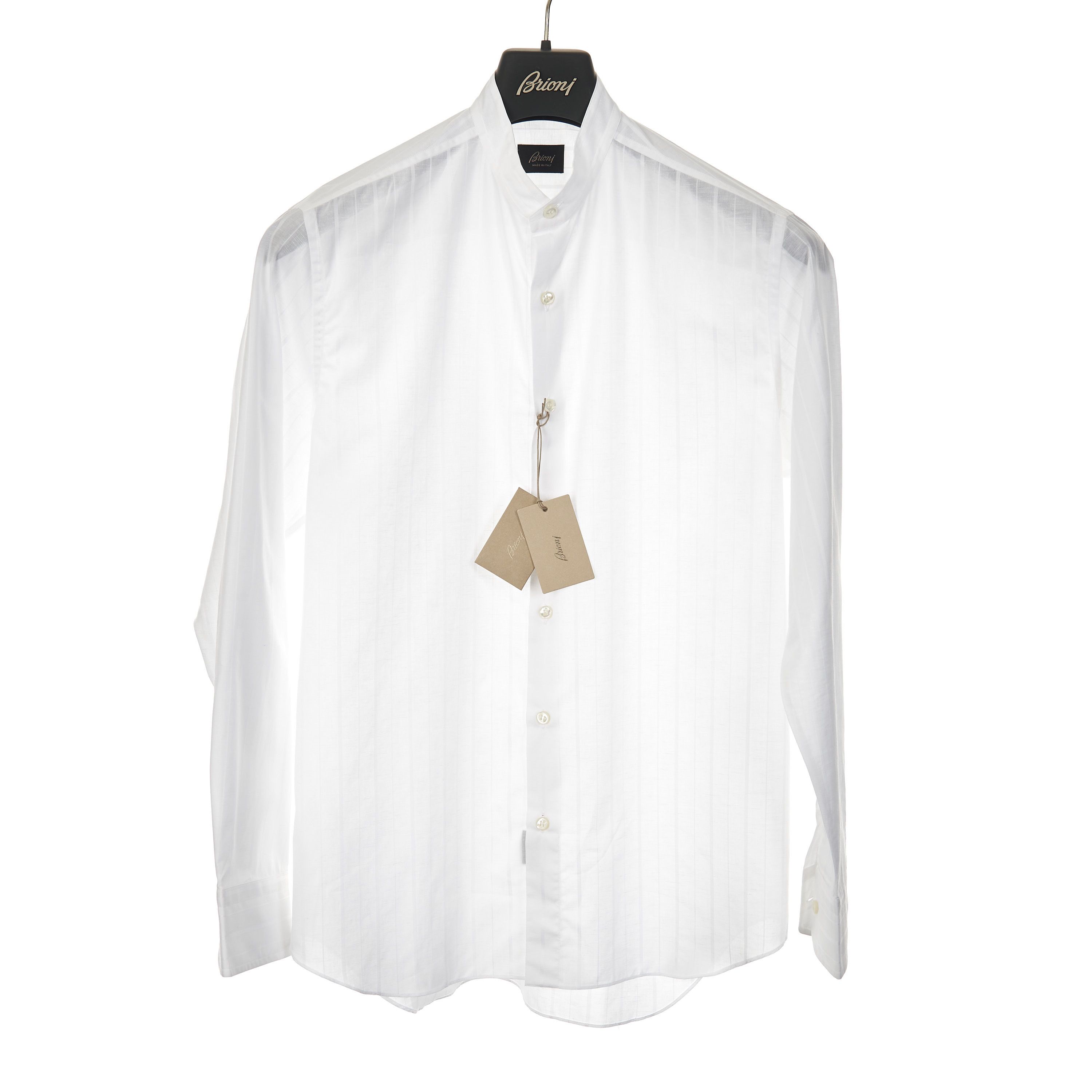 Brioni Mandarin Collar Shirt - Cotton & Linen, Jacquard Stripe Size US M / EU 48-50 / 2 - 1 Thumbnail