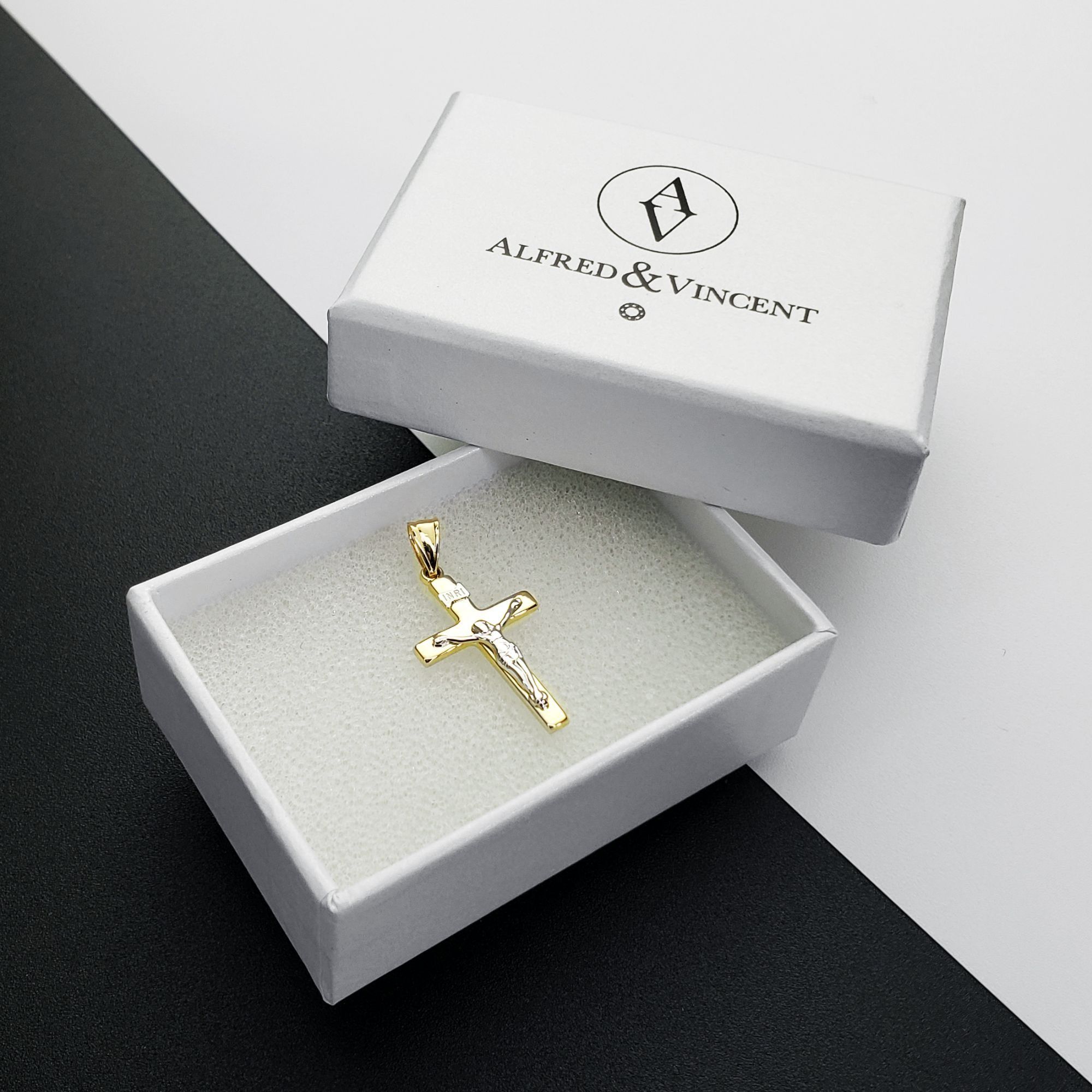 Jesus Latin Cross Pendant in 2tone 14k Yellow & White Gold
