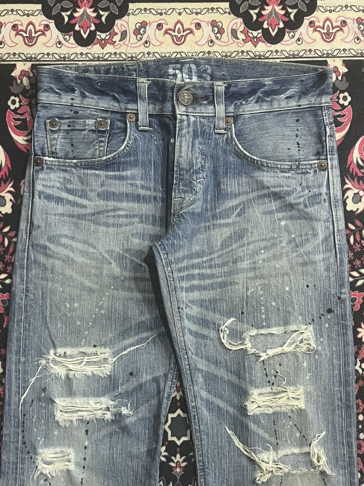 Tornado Mart Edwin 503 Blue Trip Distressed Paint Splattered Flare Jeans Size US 28 / EU 44 - 4 Thumbnail