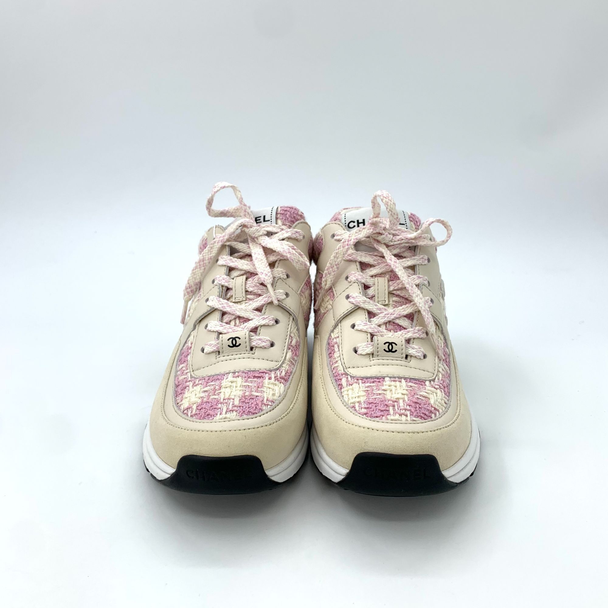 Chanel Chanel Tweed & Leather Pink/Beige Lace-Up Sneakers Size US 7.5 / IT 37.5 - 3 Thumbnail