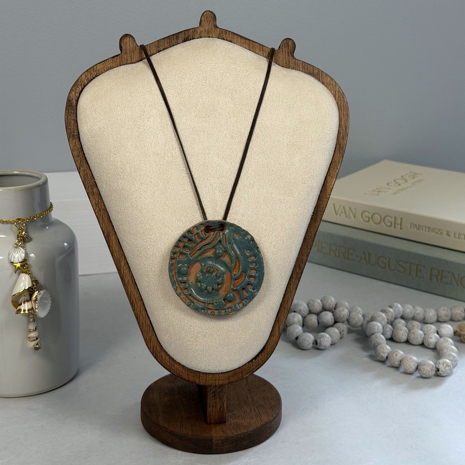 Vintage VTG Boho 1980s Gray-Green Abstract Clay Pendant Necklace 24" Size ONE SIZE - 1 Thumbnail