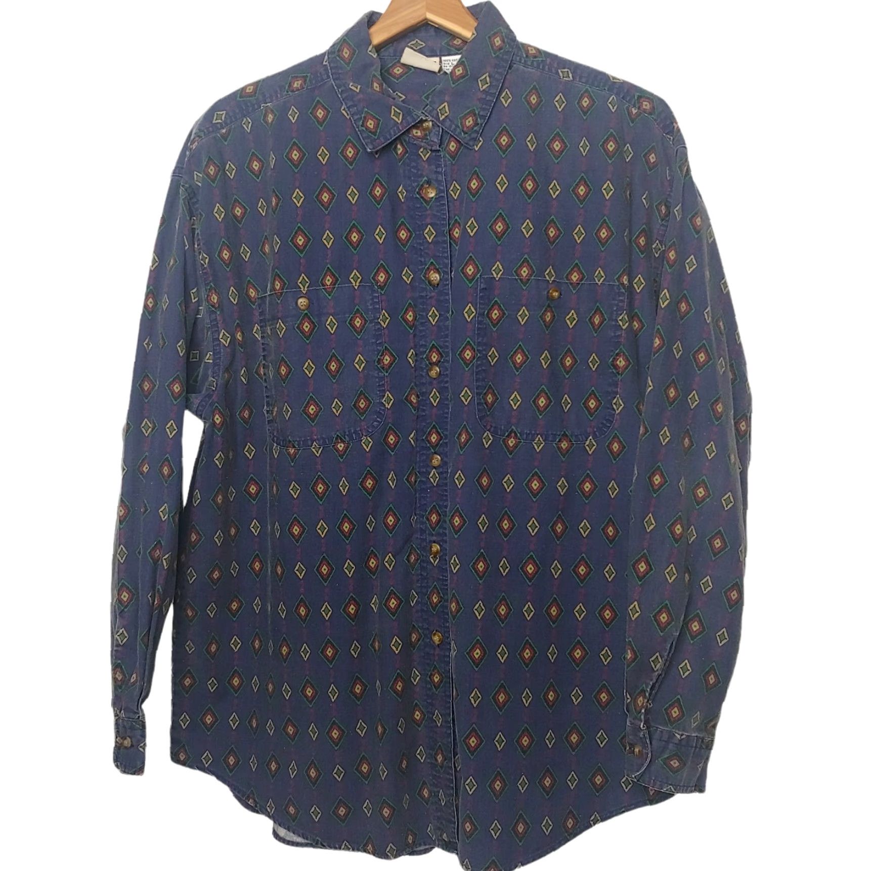 Vintage VINTAGE Palmetto's Shirt Men L Blue 100% Cotton Long Sleeve Geometric Diamond Button-Up 1990s 90s Regular Fit Size US L / EU 52-54 / 3 - 2 Thumbnail