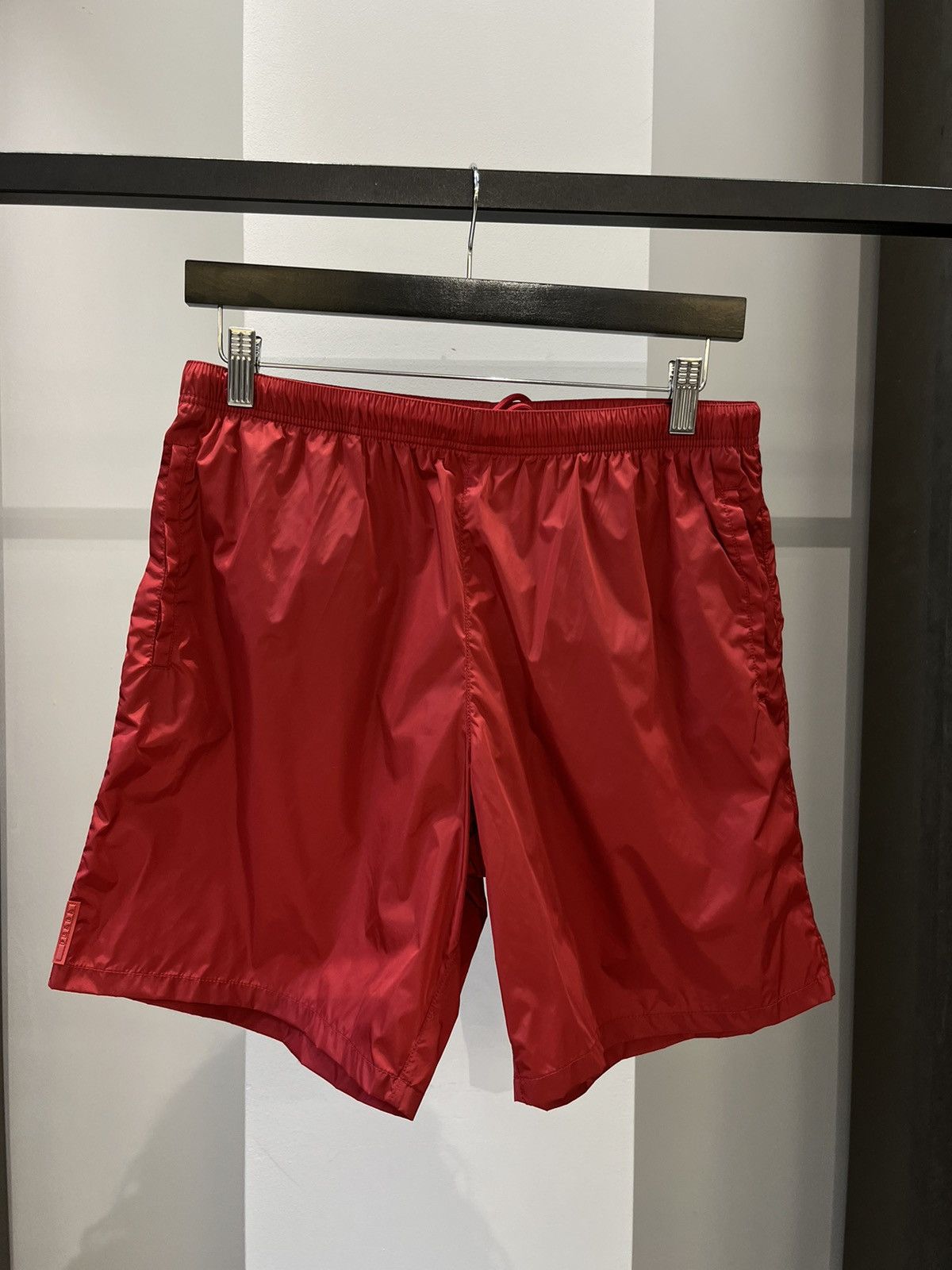 image of Prada Red Nylon Netted Shorts, Men's (Size 34)