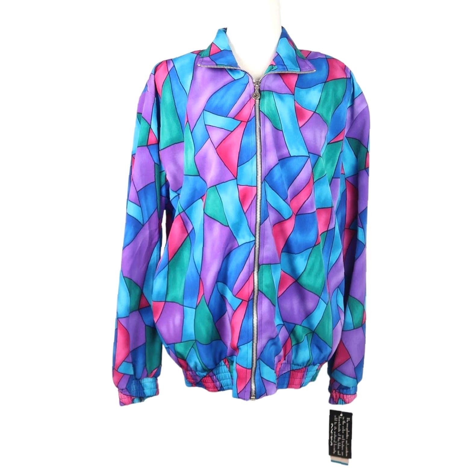 Vintage VINTAGE Teddi Jacket Women's M Short Sleeve Zip Blue Purple Stained Glass Geometric 90s Spring Fall Bomber Casual Patterns Size M / US 6-8 / IT 42-44 - 2 Thumbnail