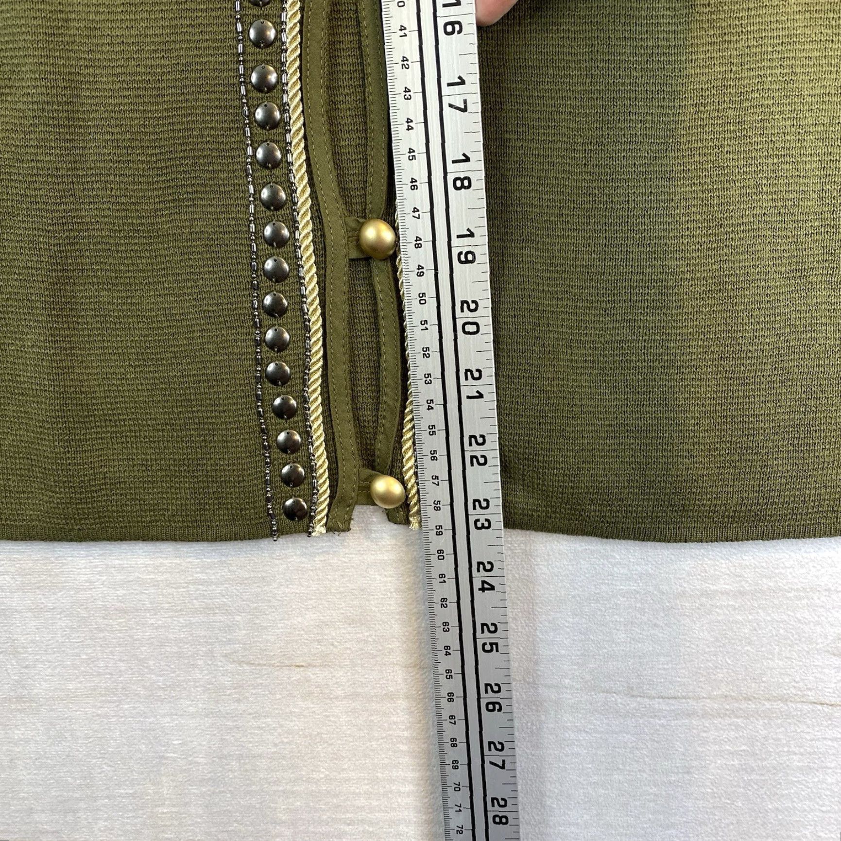 Vintage Chicos Cardigan Sweater 1 M 8/10 Olive Green Beaded Studded 3/4 Sleeve NWT Women's Knit 100% Cotton Button Up High Neck Modern Classic Size M / US 6-8 / IT 42-44 - 5 Thumbnail