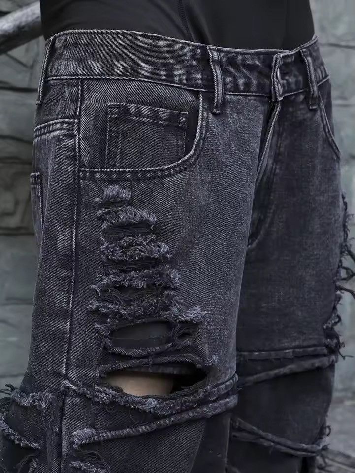 Jean Distressed Hole Hip Hop Washed Trendy Loose Jeans Size US 35 - 6 Thumbnail
