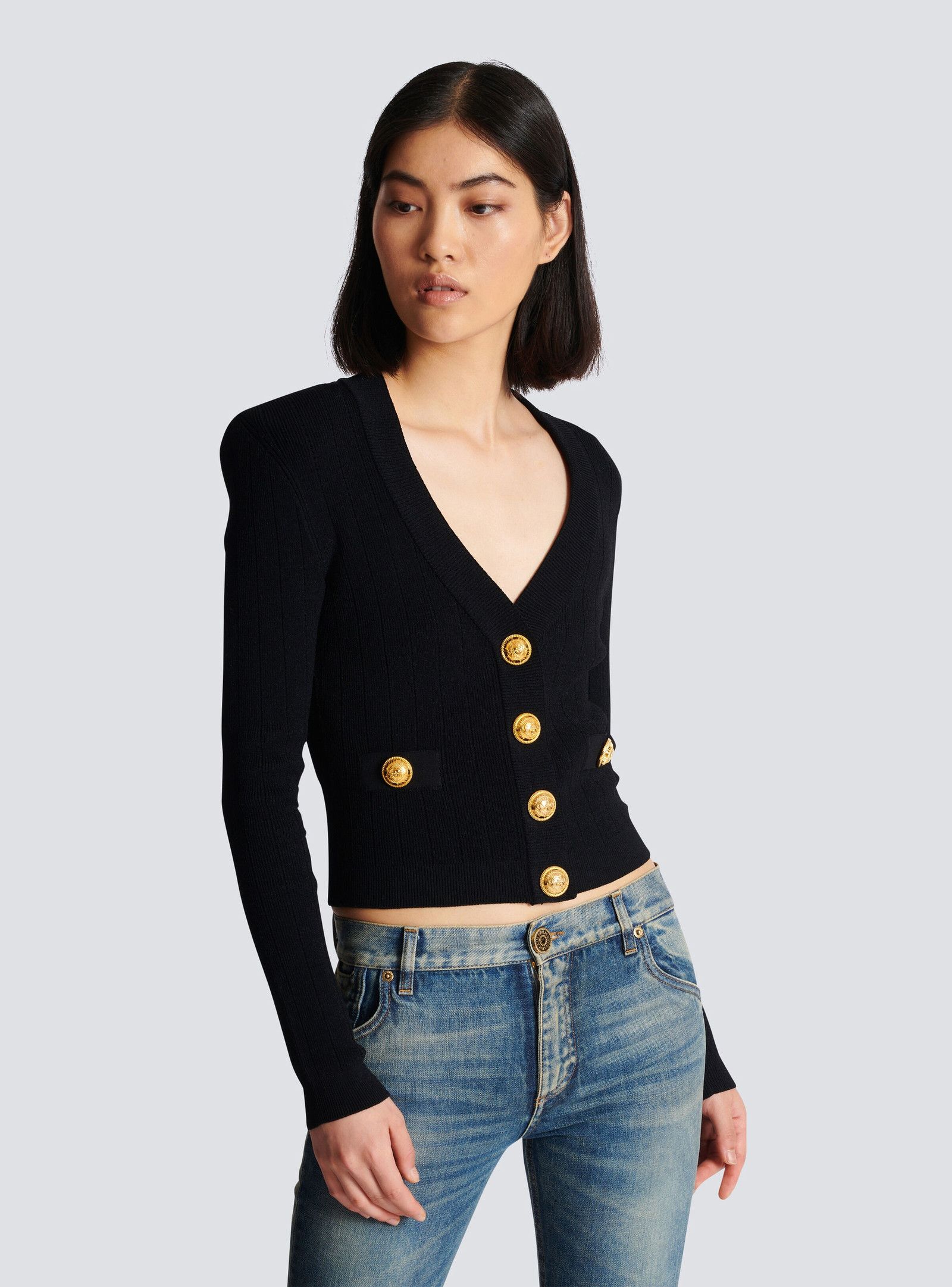 Balmain o1loc1c0526 Cropped cardigan in Black Size XS / US 0-2 / IT 36-38 - 6 Thumbnail